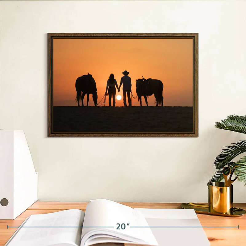 Couple de cowboys, 13 po x 9 po, Cadre flottant noyer