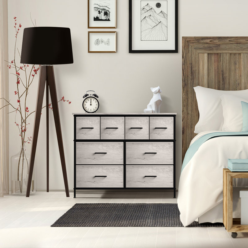 Commode avec 8 tiroirs en faux bois - Commode de rangement, Grège