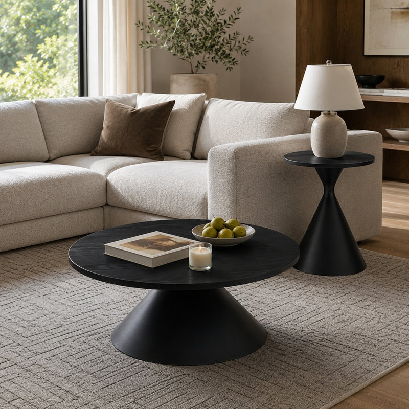 Ensemble de tables basses 2 pièces, plateau de table à motifs avec base en acier, Black