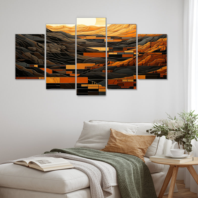 «Orange Desert Sun In Bold Landscape III - Solar Panneaux», ensemble d'art mural multi-panneaux