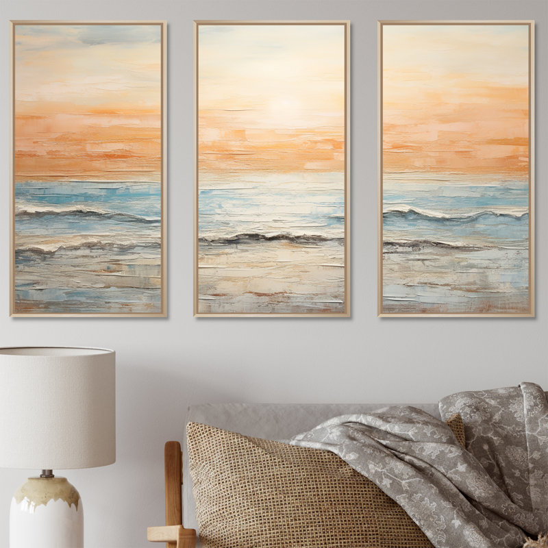 Pinkston - ensemble d'art mural coucher de soleil côtier, H 28 po x l 36 po x P 1 po, Cadre naturel flottant