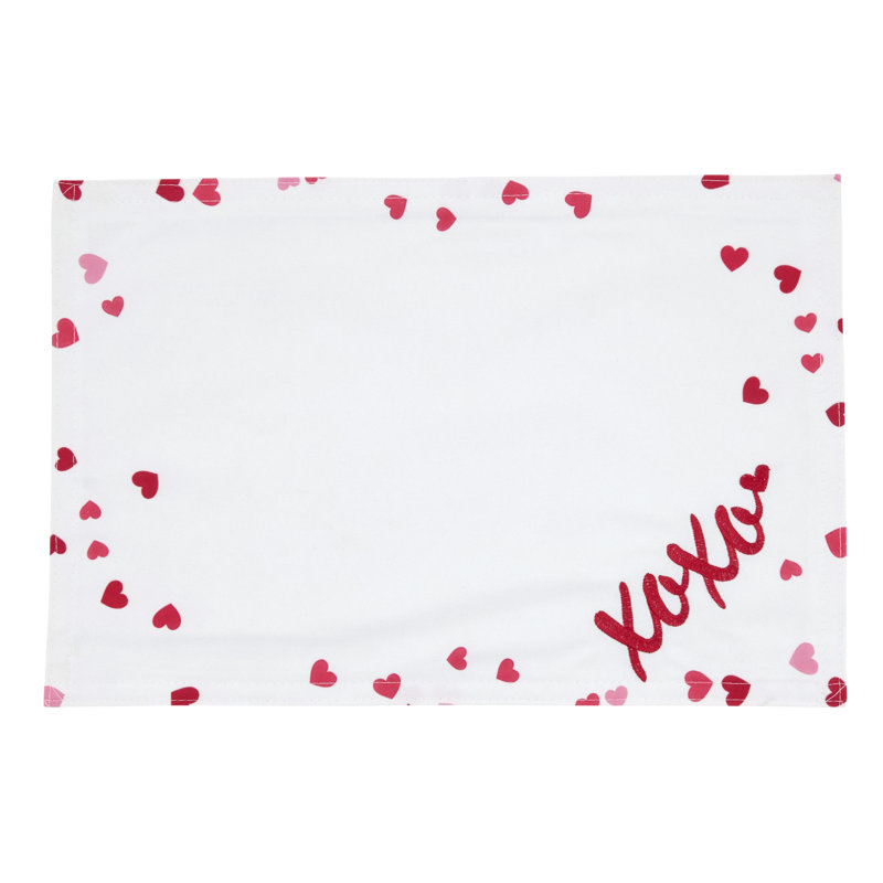 XOXO Heart Scatter Placemats (Set of 4) – Embroidered Script with Printed Heart Border, 12"x18"