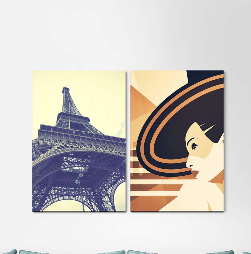 2-tlg. Leinwandbilder-Set - Grafikdruck „Paris Eiffel Tower Pop Romance Young Woman Chic Elegant Lady”