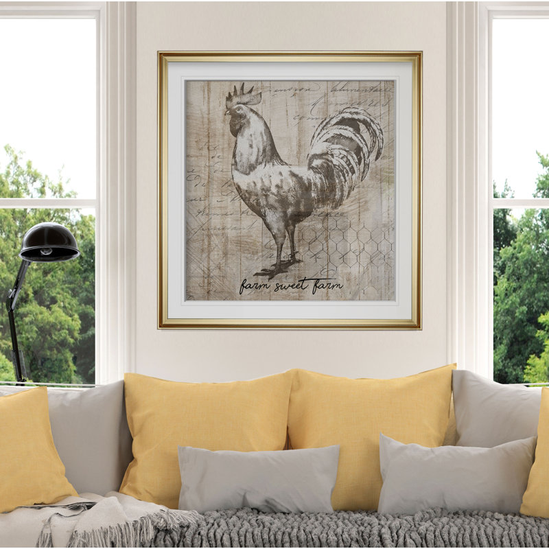 « farm coq », peinture, H 16 po x l 16 po x P 2 po, Cadre doré