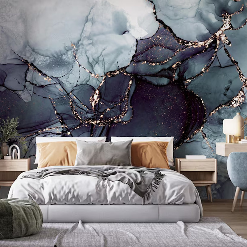 Murale abstraite en marbre bleu et or, L 108 po x l 96 po