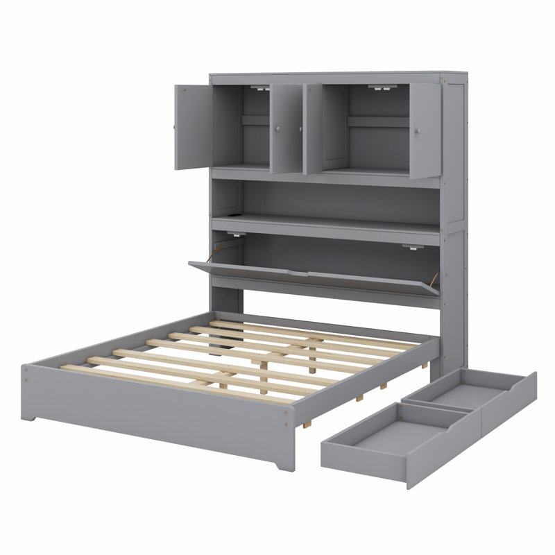 Lit plateforme en bois avec port USB, tête de lit et tiroirs de rangement, Gris
