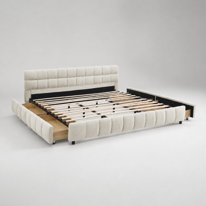 California King Upholstered Bed Frame with Headboard and Storage Drawer, Beige Chenille Fabric