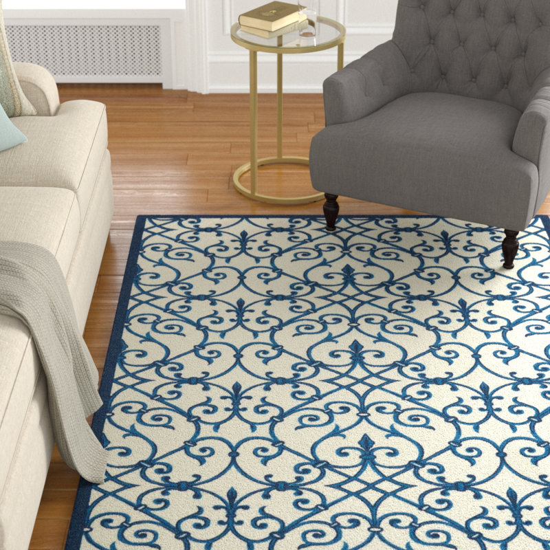 Tapis intérieur / extérieur bleu / ivoire à motif abstrait Sigel, Rectangle 4 pi 4 po x 6 pi 3 po