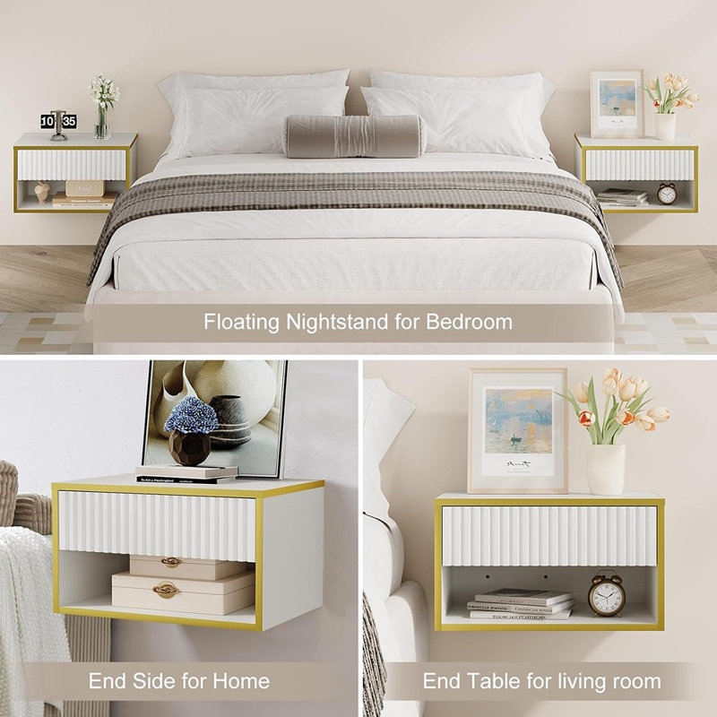 Modern Wall Mounted Nightstand With Open Shelf And Fluted Drawer, White And Gold Night Stand For Bedroom