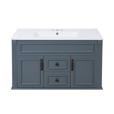 Meuble-lavabo moderne français 36 po avec lavabo intégré en céramique, armoire flottante en bois massif avec 2 tiroirs (blanc / noir / gris / bleu)
