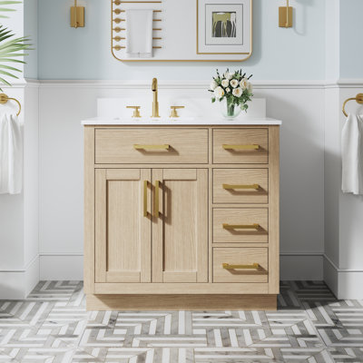 36" W x 35" H Freestanding Bathroom Solid Wood Vanity With White Cultured Marble Countertop And Ceramic Single Sink,Oak