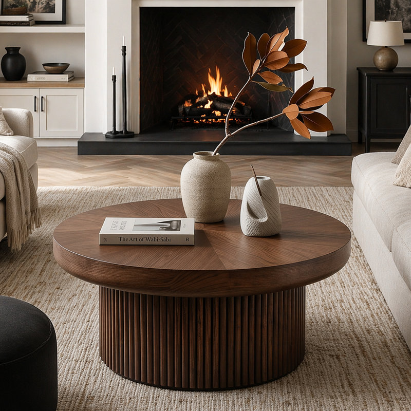 Bowe cannelé rond de 33,5 po avec plateau en bois véritable et base cylindrique, plateau de table épaissi, table basse Mid-Century moderne pour salon, petit espace