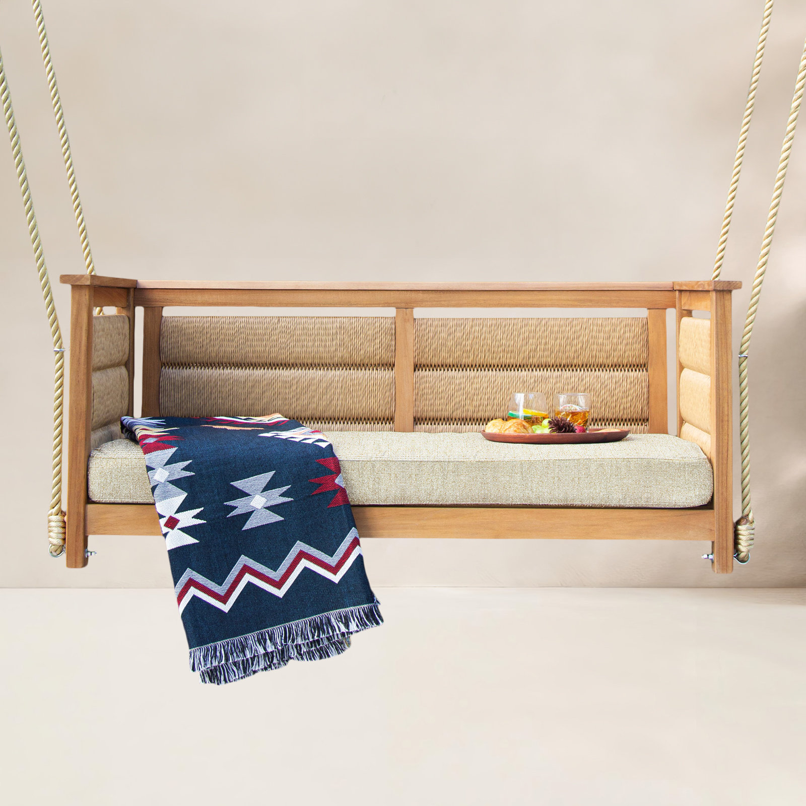 Blaine Teak Porch Swing with Cushion, Tan Performance Basketweave