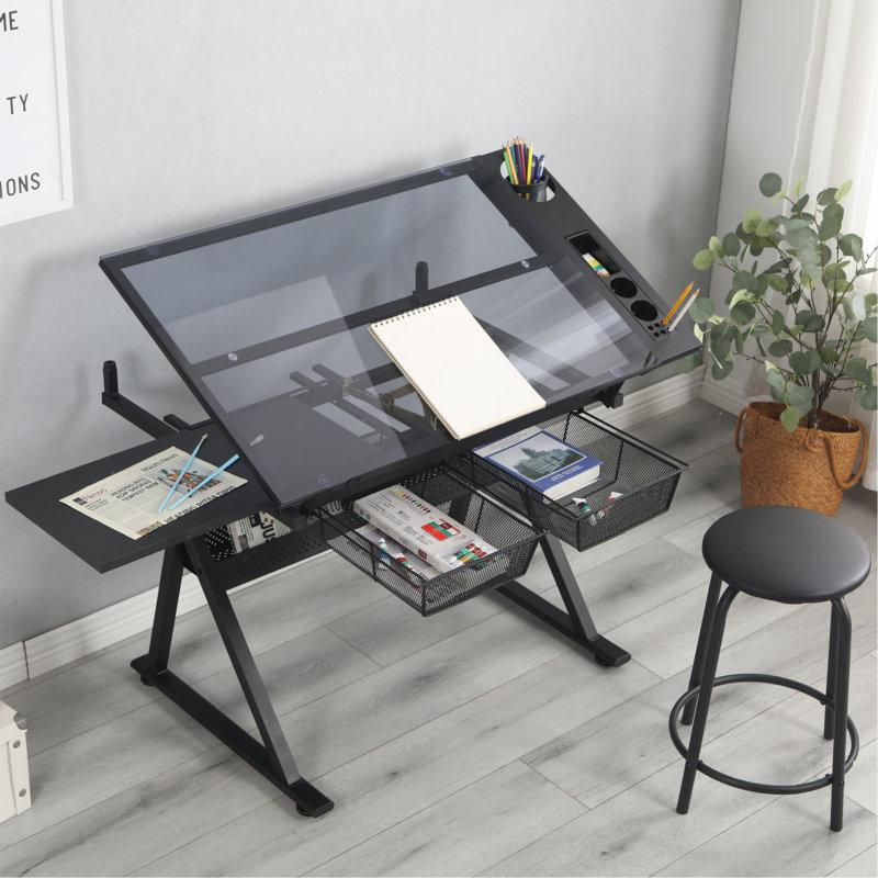 Black Adjustable Tempered Glass Drafting Printing Table With Chair, Black