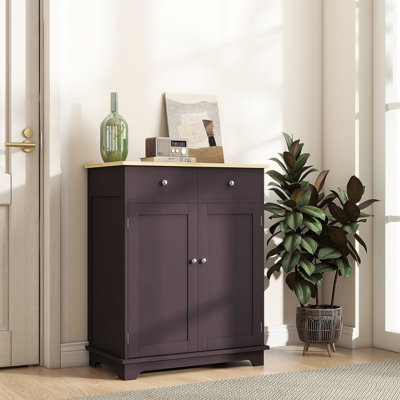 Armoire de cuisine - Buffet de comptoir en bois massif avec 2 tiroirs, portes et tablette réglable de style café