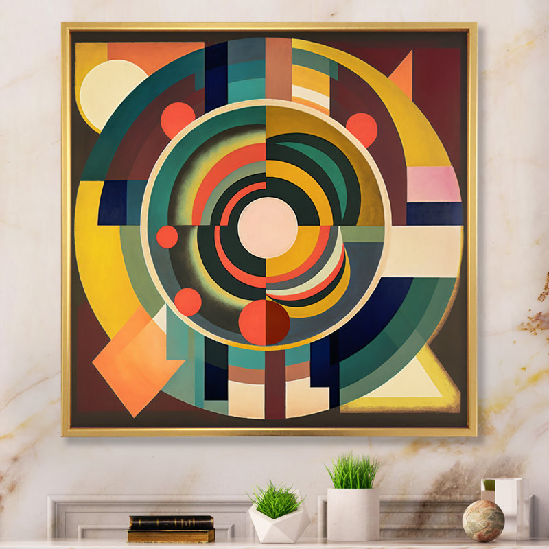 Décoration murale Mid-Century rétro circulaire V - Mid-Century moderne, H 36 po x l 36 po x P 1,5 po, Cadre flottant doré