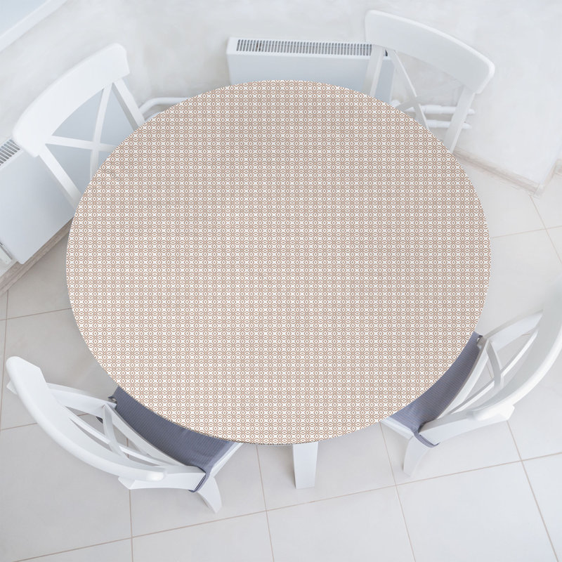 Ebern Designs Abstract Fitted Round Tablecloth Warm Taupe White, 64.17" Round