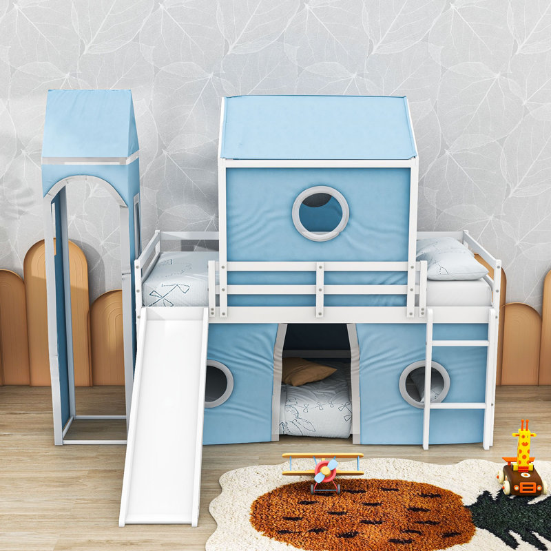 Lit mezzanine avec toboggan, tente et tour, conception inspirée du château, Simple, Bleu