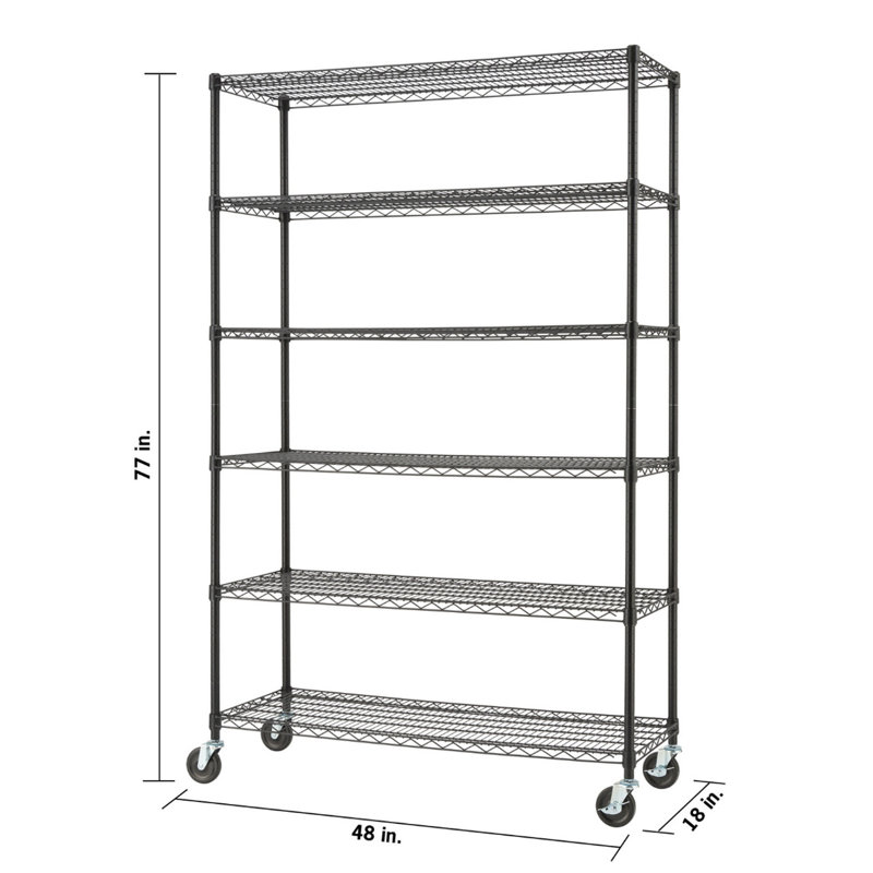 Black 6-Tier Steel Wire Shelving Unit with Wheels