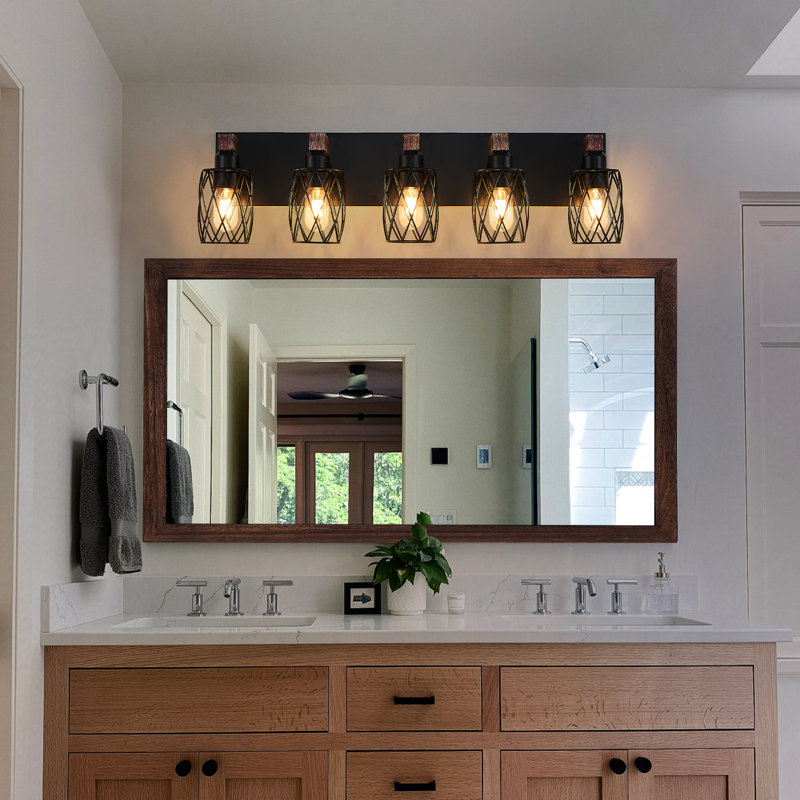 31-Inch Industrial Vintage 5- Wall Sconce With Black Cage And Wooden Accents For Bathroom, Hallway, Living Room, Bedroom, Dressing Entryway, Kitchen, Office - , , Easy To Install, Compatible E26