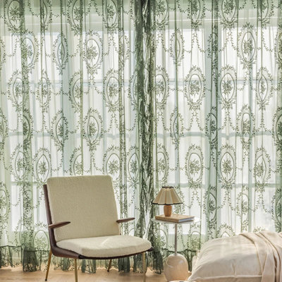 Dessus de rideaux transparents brodés vert foncé