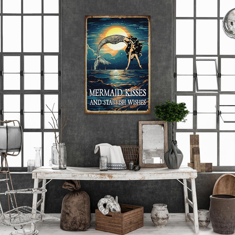 «Mermaid Under Moon - Mermaid Kisses And Starfish Wishes», reproduction d'art graphique sur toile tendue 1 pièce