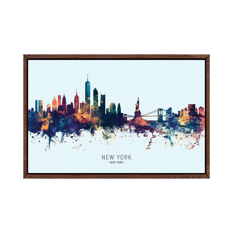 New York Skyline Blue Orange by Michael Tompsett - Print on Canvas, Classic Brown Wood Framed, 101.6 cm H x 66.04 cm W