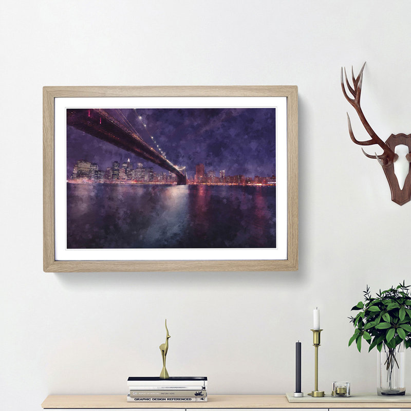 Brooklyn Bridge In New York City Painting - Single Picture Frame Print on MDF, 24cm H x 33cm W x 2cm D, Black