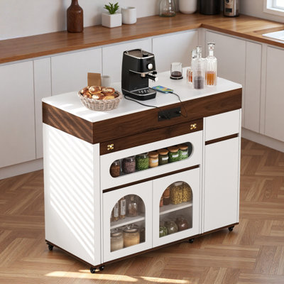 Rolling Kitchen Island With Extra-long Folding Top, Drawers, Cabinets, Power Outlet And Lockable Wheels