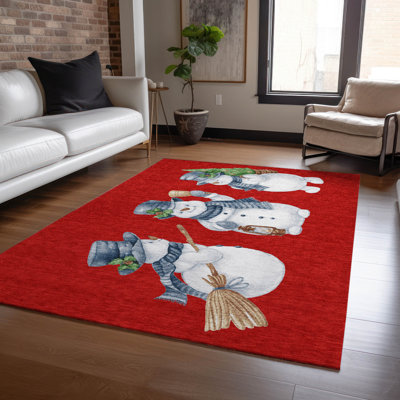 Machine Washable Indoor/Outdoor Christmas Snowman Xhevrie Red Rug