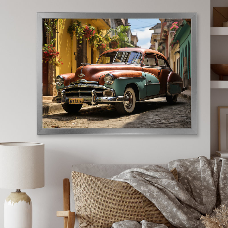 «Vintage Car», art mural classique sur toile, «Vintage Cuban Heritage», Cadre simple argenté, H 24 po x l 32 po x P 1 po