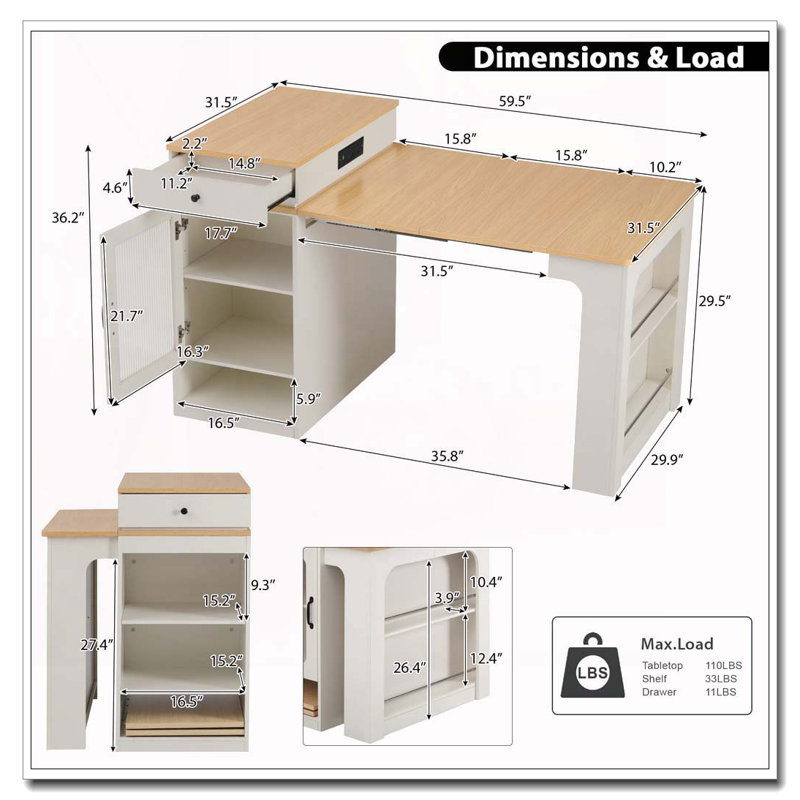 59.5"Kitchen Island With Extendable Dining Table, Kitchen Storage Table With Double-Sided Storage, Kitchen Island With 2 Drawers, Power Outlet, Side Open Shelves, For Kitchen