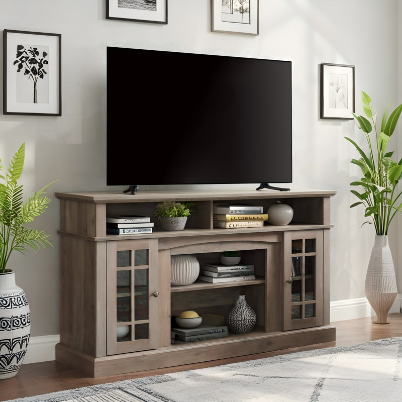 Meuble télé classique gris avec portes en verre et rangement pour téléviseurs de 65 po, Gris