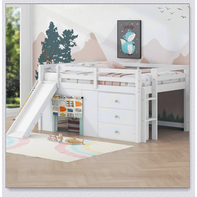 Low Loft Bed With Slide,Three Storage Drawers And Two Doors