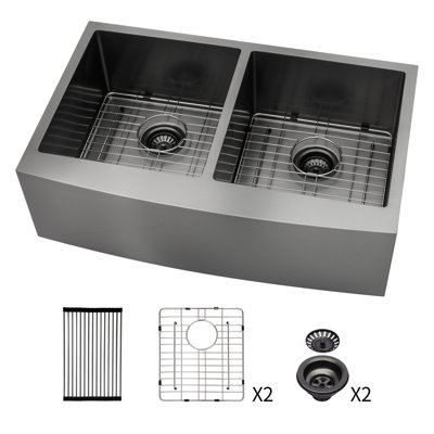 Évier de cuisine à double cuve de style campagnard en acier inoxydable - 36 po x 21 po x 10 po en acier inoxydable avec tablier frontal en acier inoxydable de calibre 16 et deux cuves profondes de 10 po