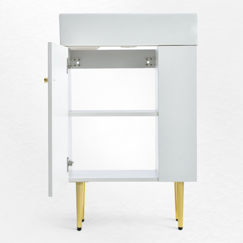 21.6" Single Bathroom Vanity Set With Ceramic Top, White, Gold