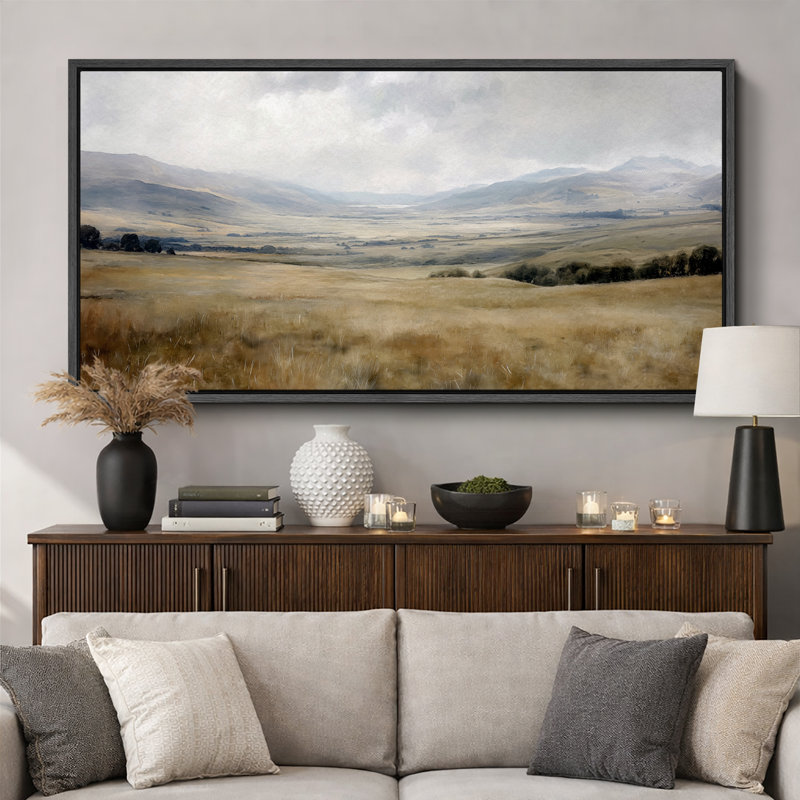 «Rustic Green Tan Prairie Field», vaste paysage mural, estampe numérique sur toile, art numérique encadré très grand