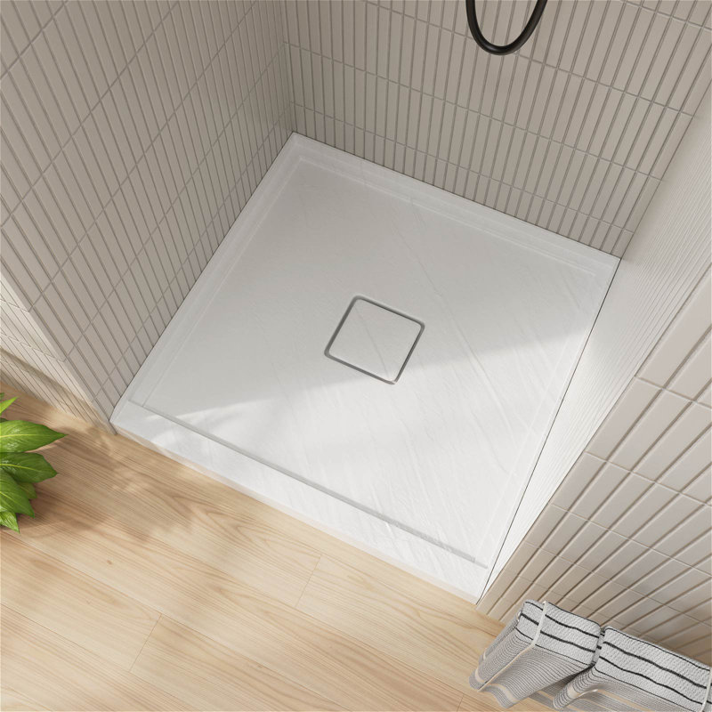 Base de douche en acrylique 36 po x 36 po GT, panneau de douche à seuil simple, antidérapant pour drain central, blanc mat avec motif de roche