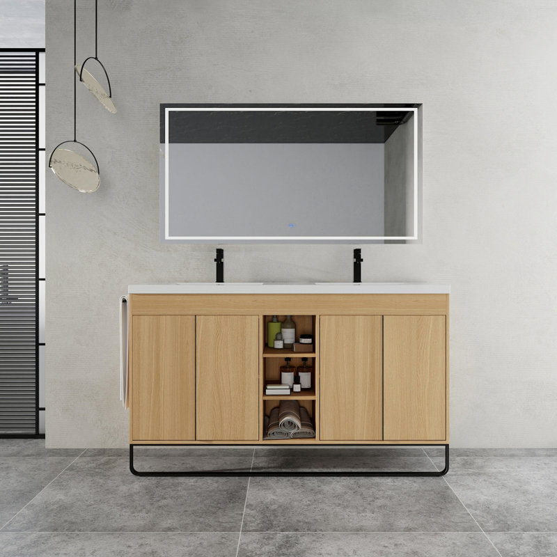 Meuble-lavabo autoportant de 60 po avec double lavabo en résine, porte à fermeture en douceur 4 et support de rangement à 3 ouvertures, emballage KD, contreplaqué