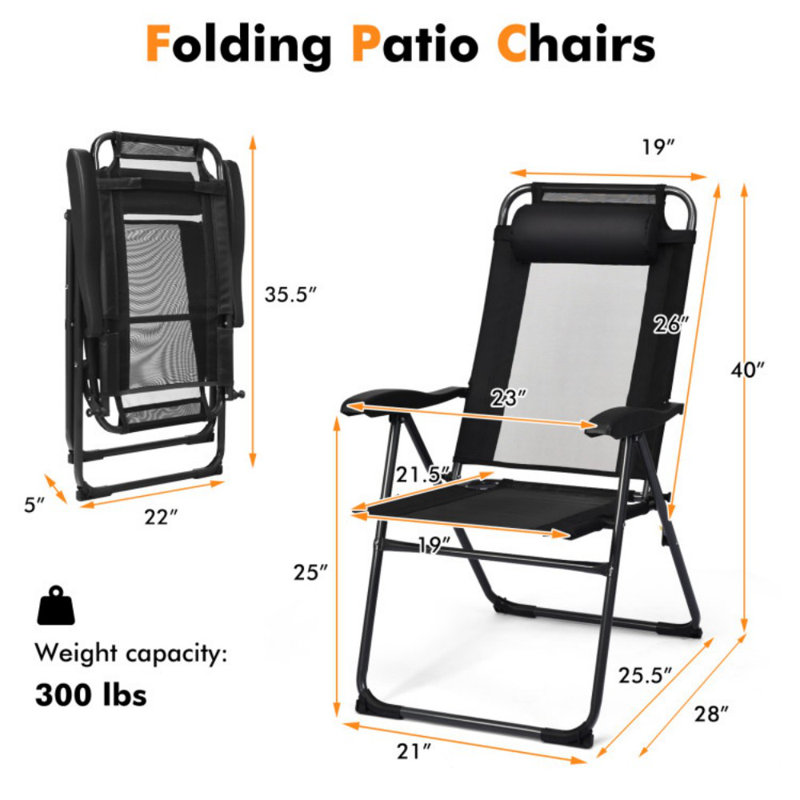 2 Pieces Patio Adjustable Folding Recliner Chairs With 7 Level Adjustable Backrest