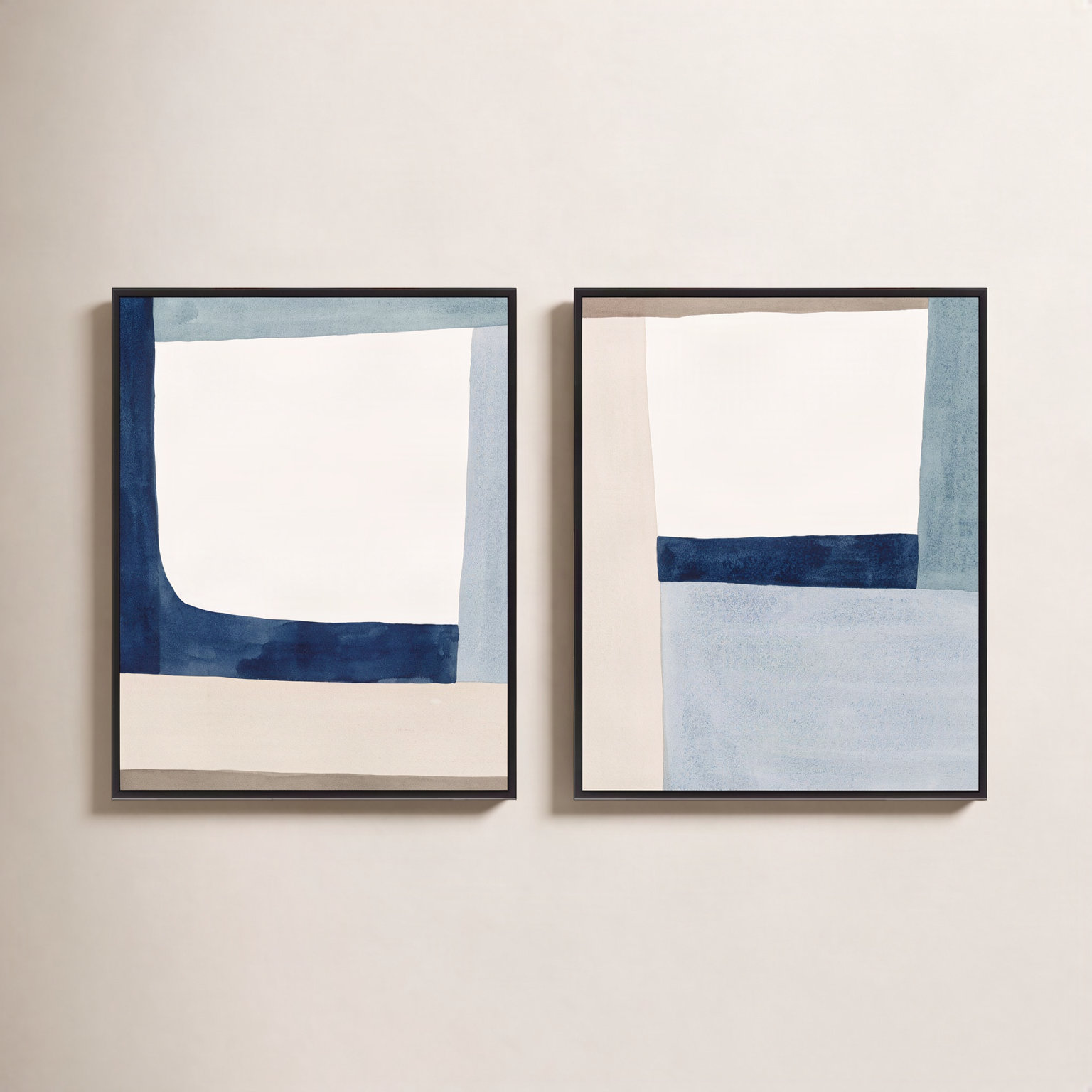 Composition in Blue 2-Piece Print Set, 25" H x 40" W, Picture Framed Canvas, Black