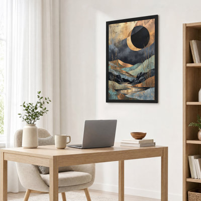 Tableau abstrait sur toile représentant un paysage doré et turquoise