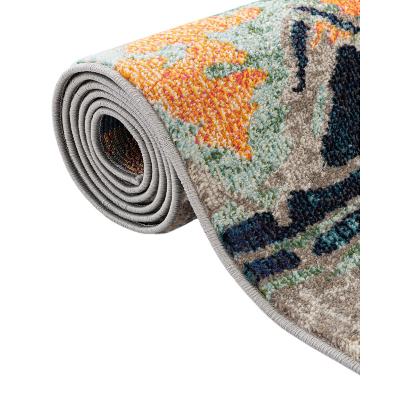 Machine Woven Polypropylene Area Rug in Teal/Orange/Beige, Rectangle 5'3" x 8'