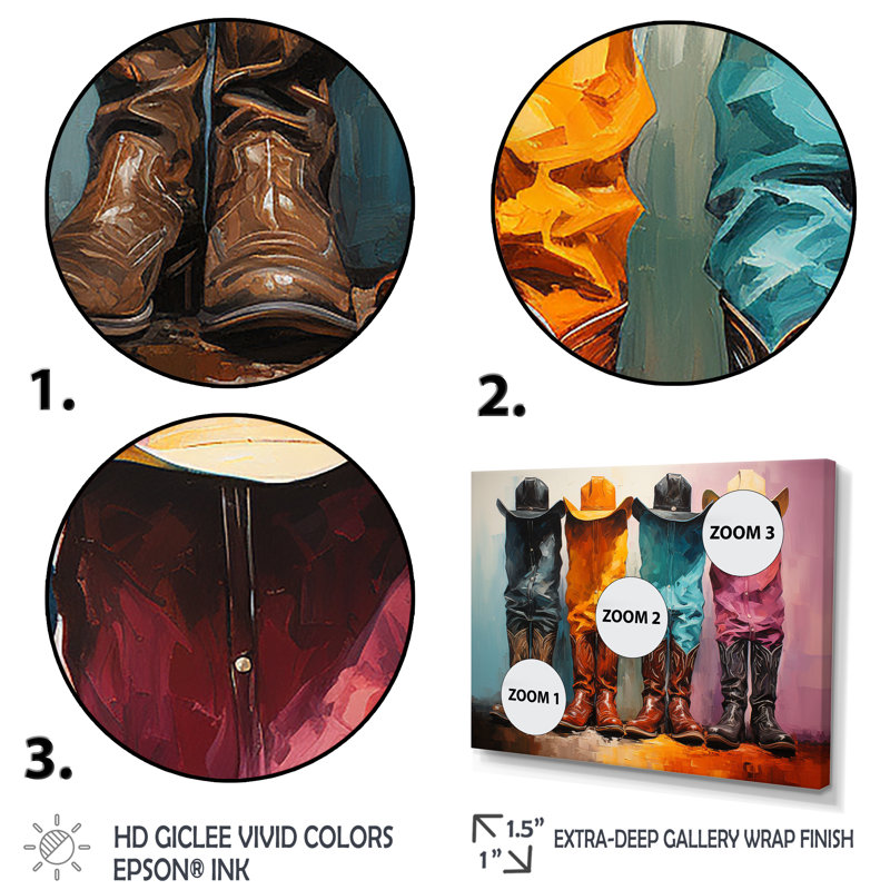 Popart, chapeaux et bottes de cowboy, H 24 po x l 32 po x P 1 po, Cadre flottant doré
