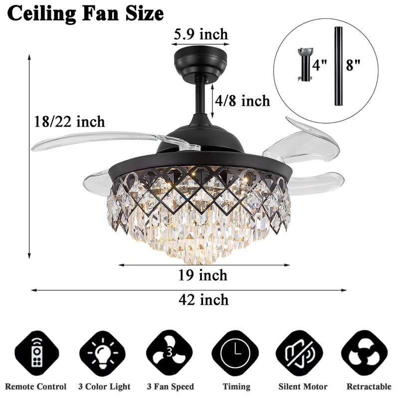 42" Retractable Blades Crystal Ceiling Fan with LED Light & Remote Control, 3-Speed Dimmable Modern Black Ceiling Fan for Living Room, Bedroom, Dining Room