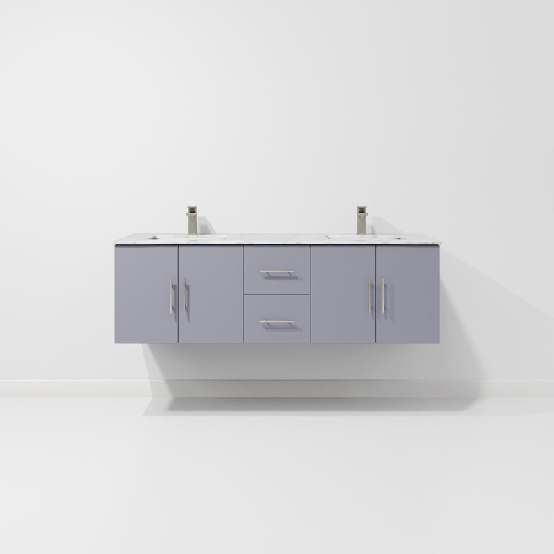 Geneva 60" Wall-Mounted Double Bathroom Vanity Set, Dark Gray, White Carrara Marble