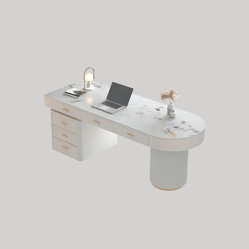 White Half-Circle Sintered Stone Desk,5-drawer, 29.53" H x 55.12" W x 27.56" D