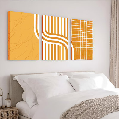 Tableau abstrait géométrique à rayures orange et blanches sur toile tendue, idéal pour la décoration du salon, de la chambre ou du bureau.
