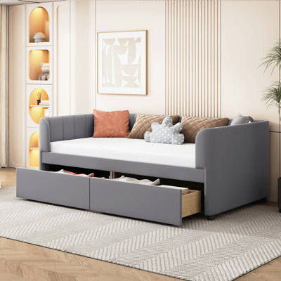 Twin Size Upholstered Daybed With Ergonomic Design Backrest And 2 Drawers, Gray