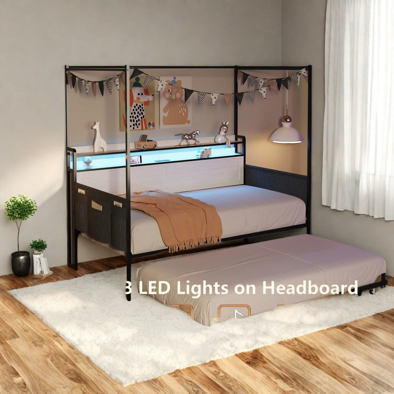 Space-saving Twin Beds Frame With Metal Trundle, Modern White Design